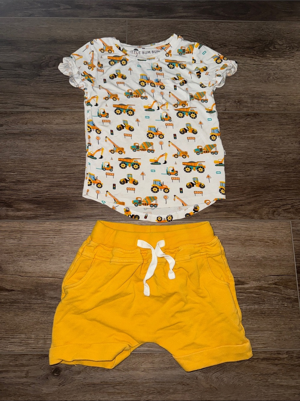 Little Bum Bum White Construction Print Short Sleeve Tee - Yellow Accent
